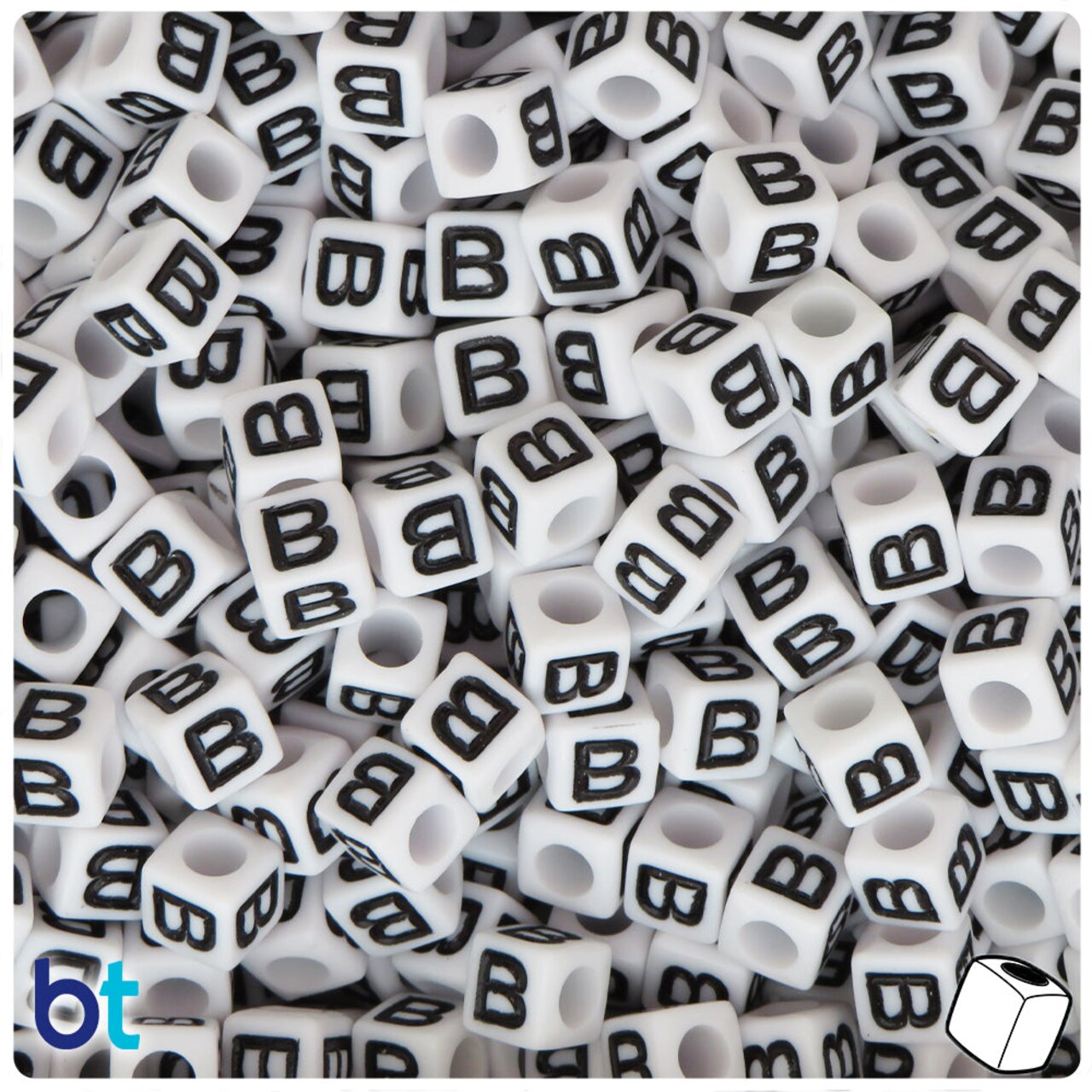 BeadTin White Opaque 7mm Cube Plastic Alpha Beads - Black Letter B (75pcs)